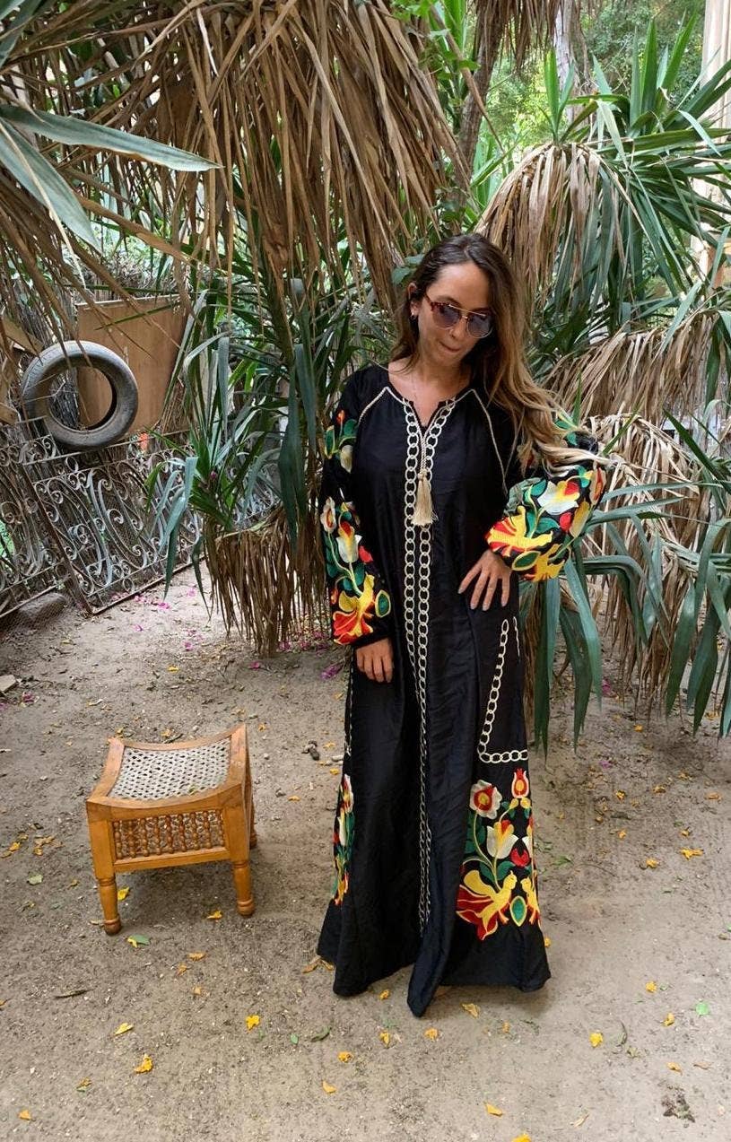 Boho Black Caftan, Egyptian Cotton, Made in Egypt, Long Sleeve Caftan Dress, One Size fits SML.