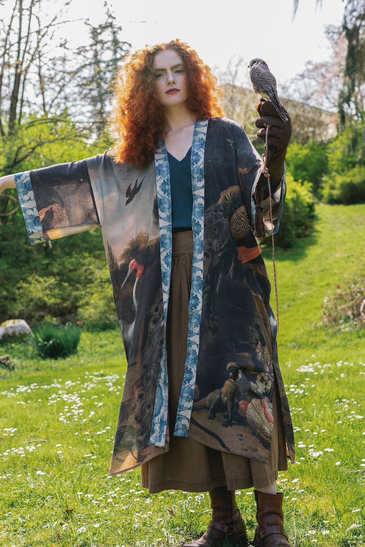 Wild Beauty Bamboo Kimono Duster Robe with Peacock Print- One Size
