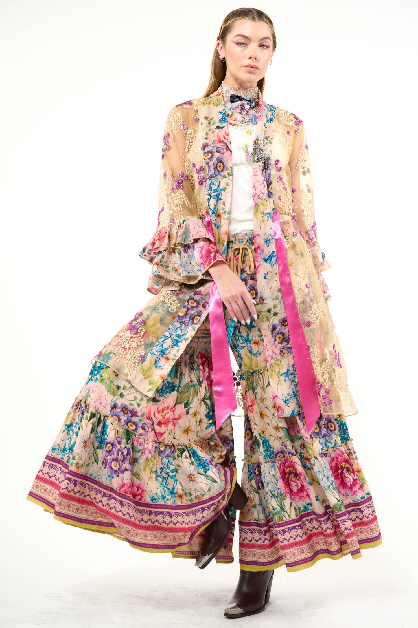 Miss September Embellished Mesh Kimono: Antique Floral - Size Medium