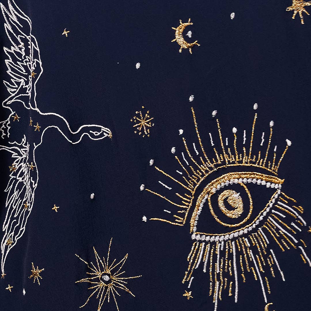 Cosmos Embroidered Navy Blue, Ivory and Gold Fully Lined Short Kimono: One Size