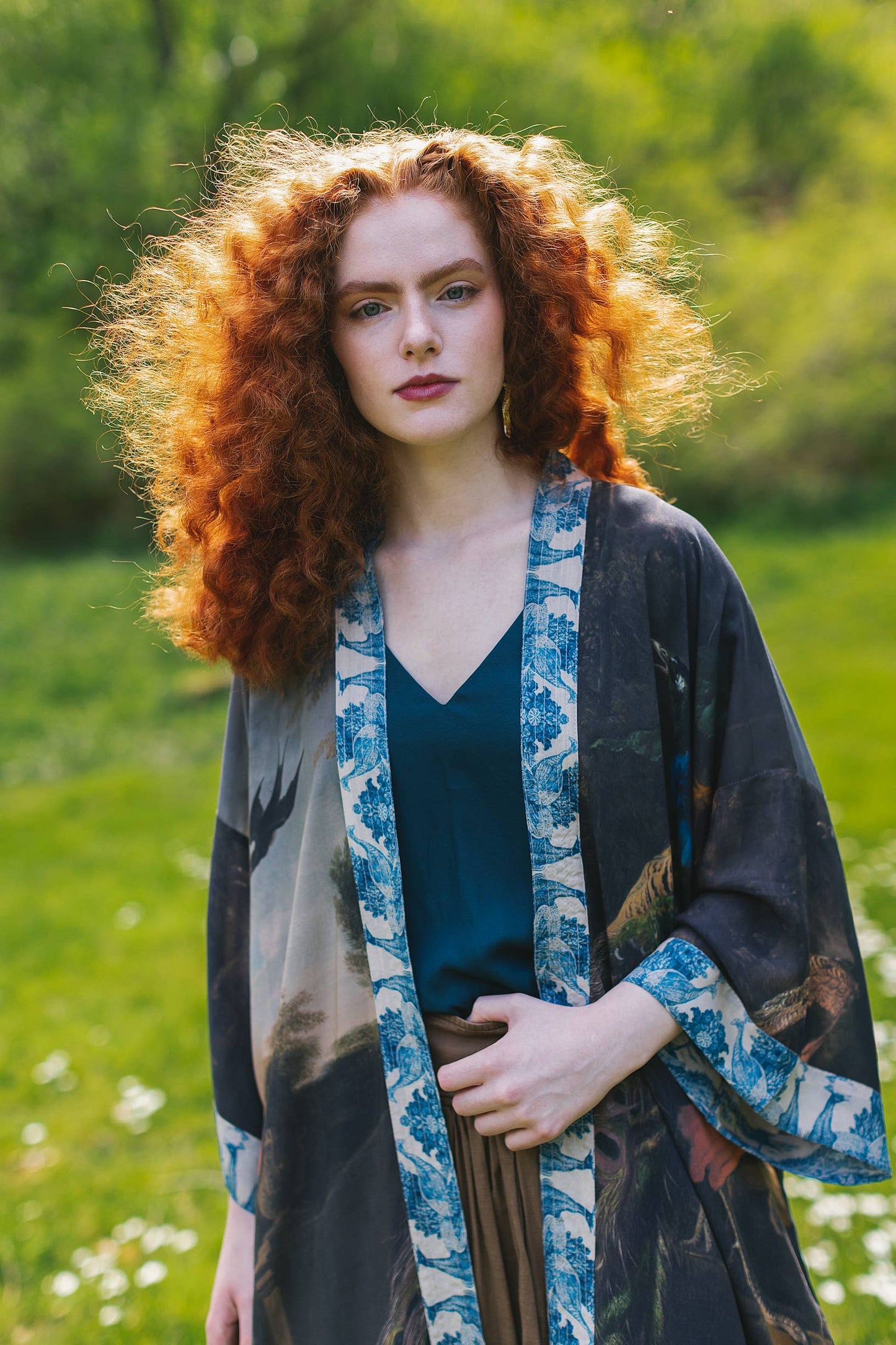 Wild Beauty Bamboo Kimono Duster Robe with Peacock Print- One Size