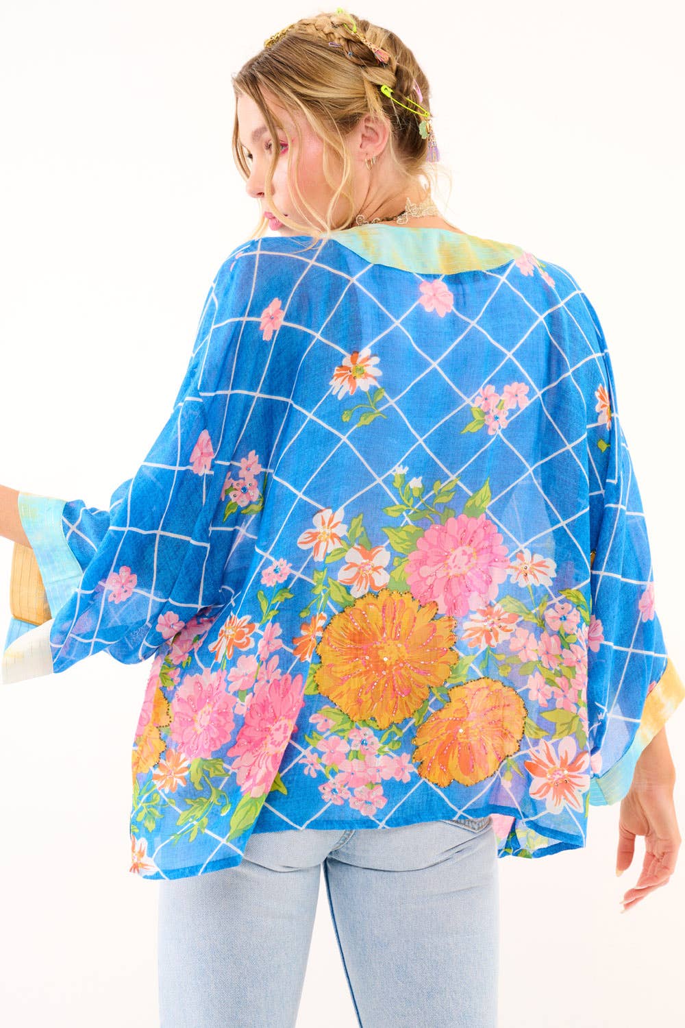Borrocow Beauty Hand-Embellished Kimono: Vintage Blue Print / One Size