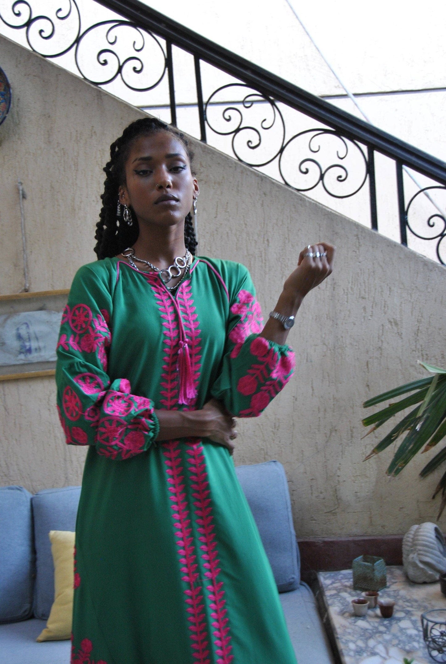 Boho green Caftan, Long sleeve Caftan dress, Colorful embroidered Caftan dress, Caftan maxi dress, Caftans for women,