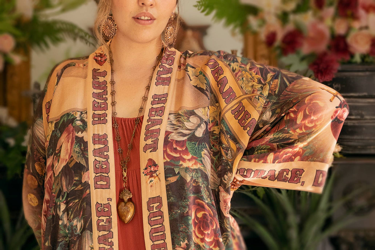 Courage Dear Heart Opera Duster Kimono Robe w/ Sacred Heart- One Size