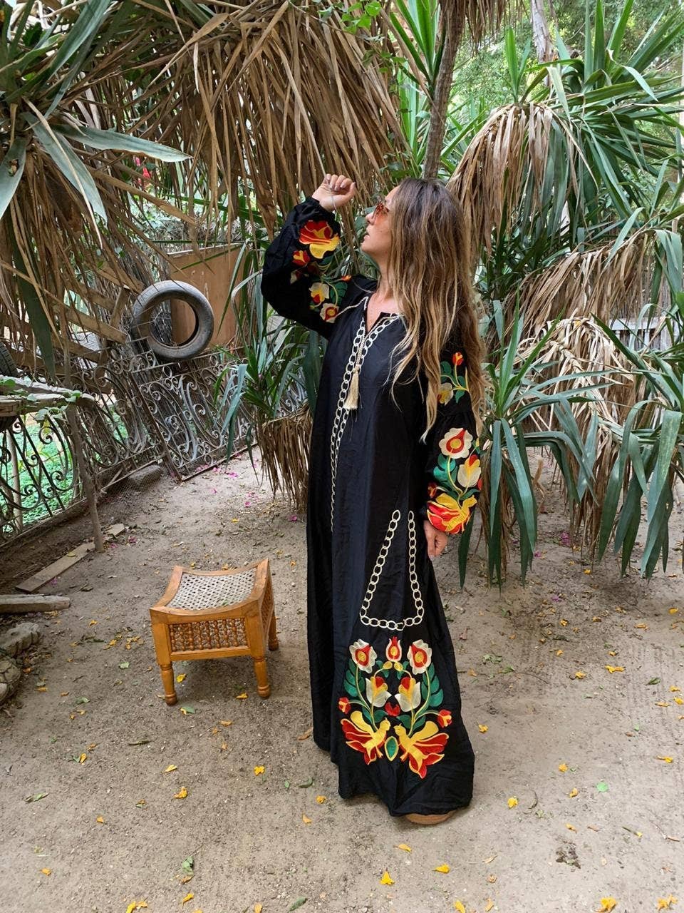 Boho Black Caftan, Egyptian Cotton, Made in Egypt, Long Sleeve Caftan Dress, One Size fits SML.