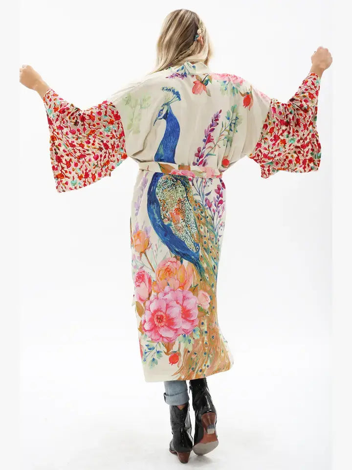 Fantasy Kimono/ Duster: Ivory Peacock Print / Size M