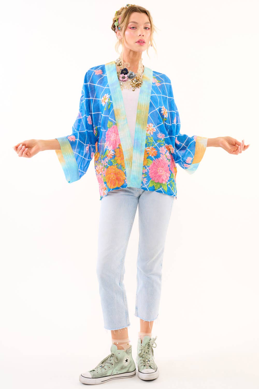 Borrocow Beauty Hand-Embellished Kimono: Vintage Blue Print / One Size