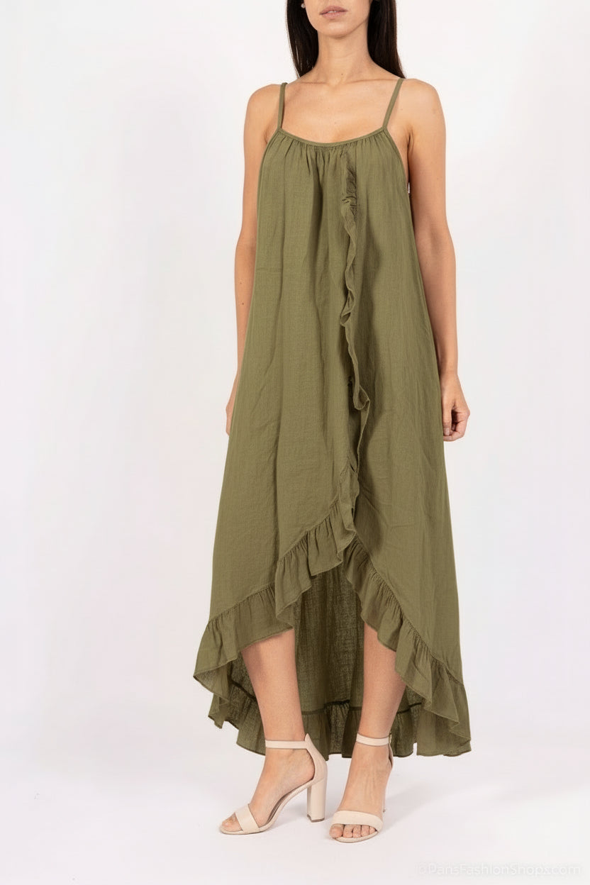 Ruffled linen dress : 100% linen / Olive / One size- S to M