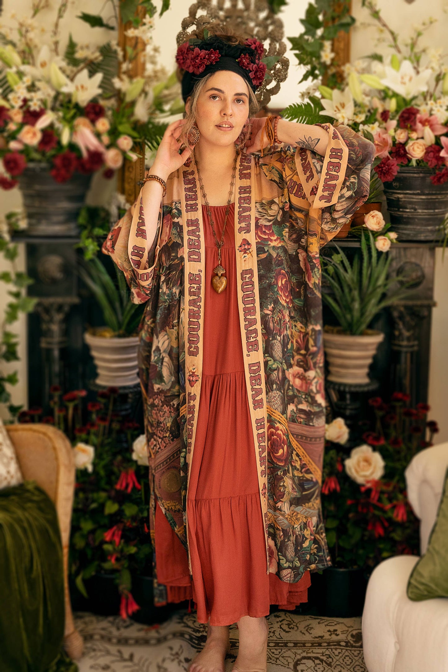 Courage Dear Heart Opera Duster Kimono Robe w/ Sacred Heart- One Size
