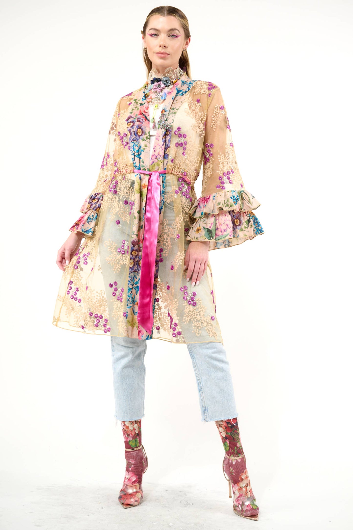 Miss September Embellished Mesh Kimono: Antique Floral - Size Medium