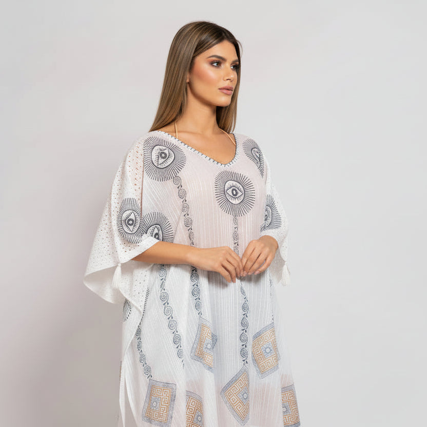WHITE COTTON EYE PRINT BEACH KAFTAN- ONE SIZE FITS MOST