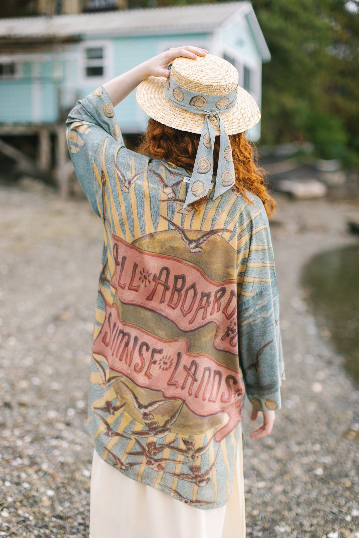Sunrise Lands Matinée Duster Bamboo Kimono w Ocean midlength