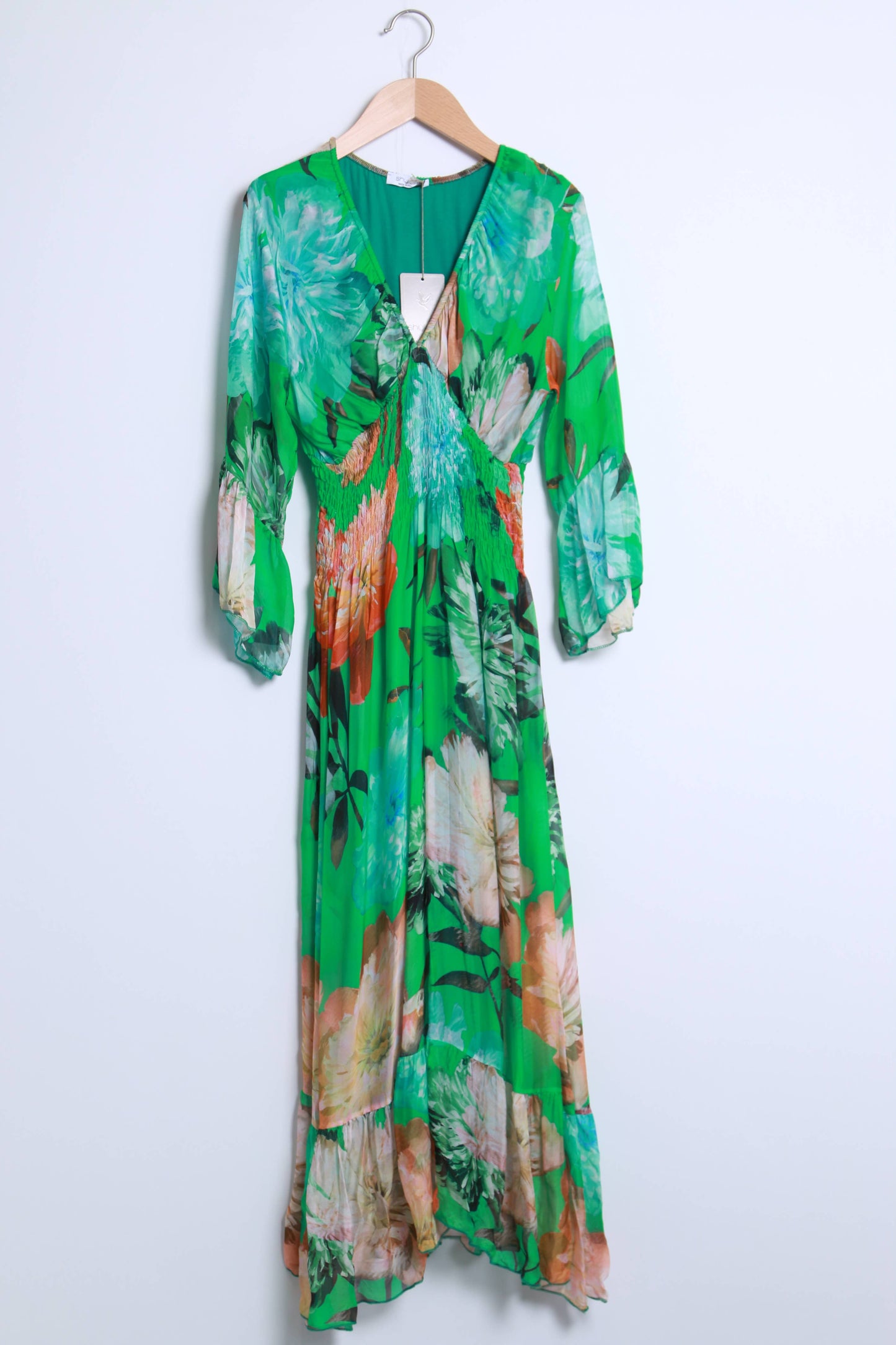 Long Silk Dress with Floral Print 30% silk - 70% viscose /Size S to M