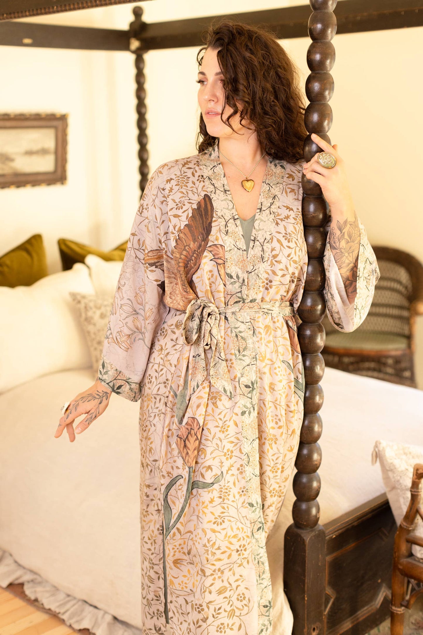 Folklore Opera Duster Bamboo Kimono Robe w/ Bird of Peace