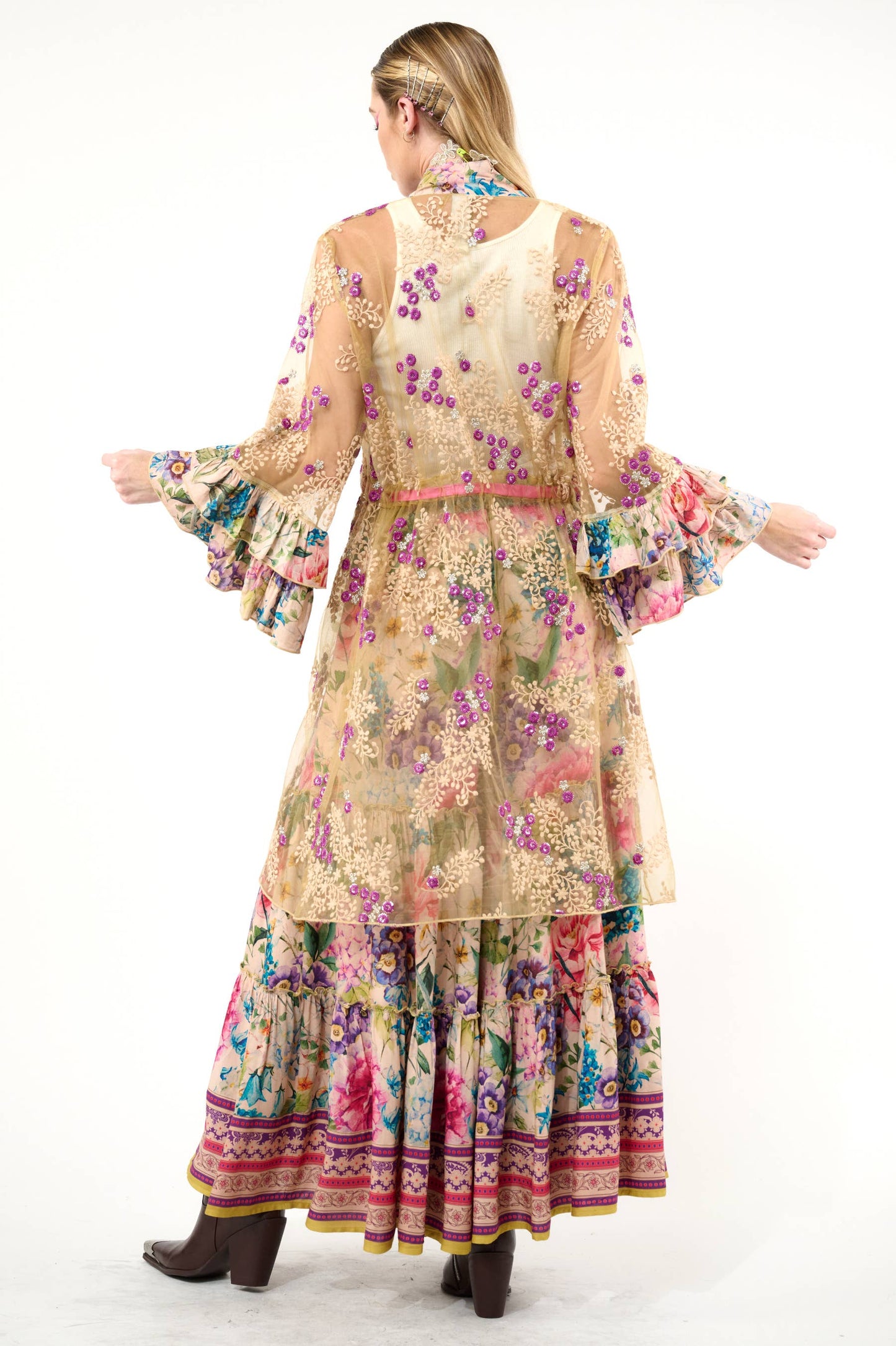 Miss September Embellished Mesh Kimono: Antique Floral - Size Medium