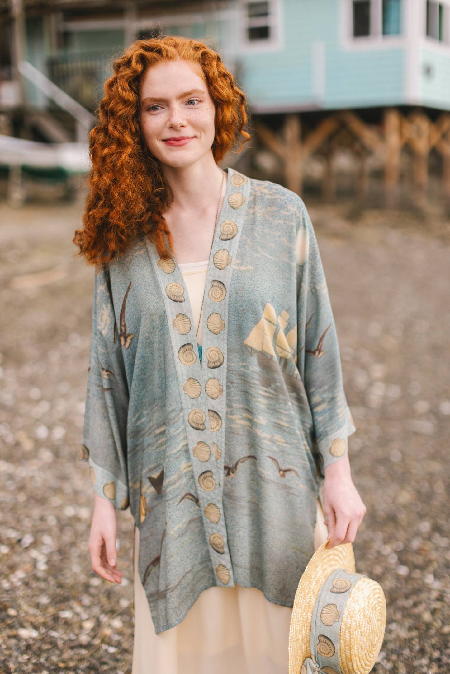 Sunrise Lands Matinée Duster Bamboo Kimono w Ocean midlength