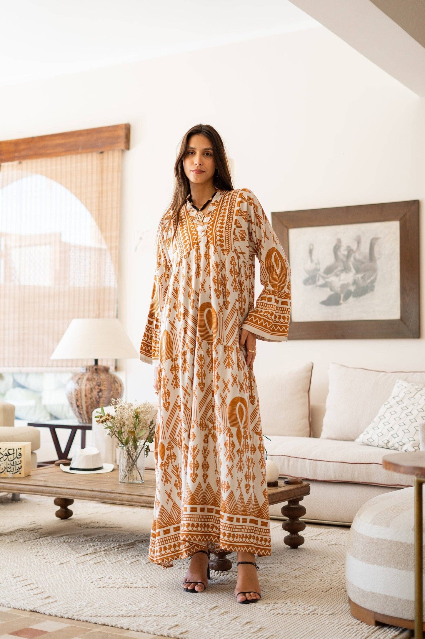 Summer beige boho print Dress- Size S/M