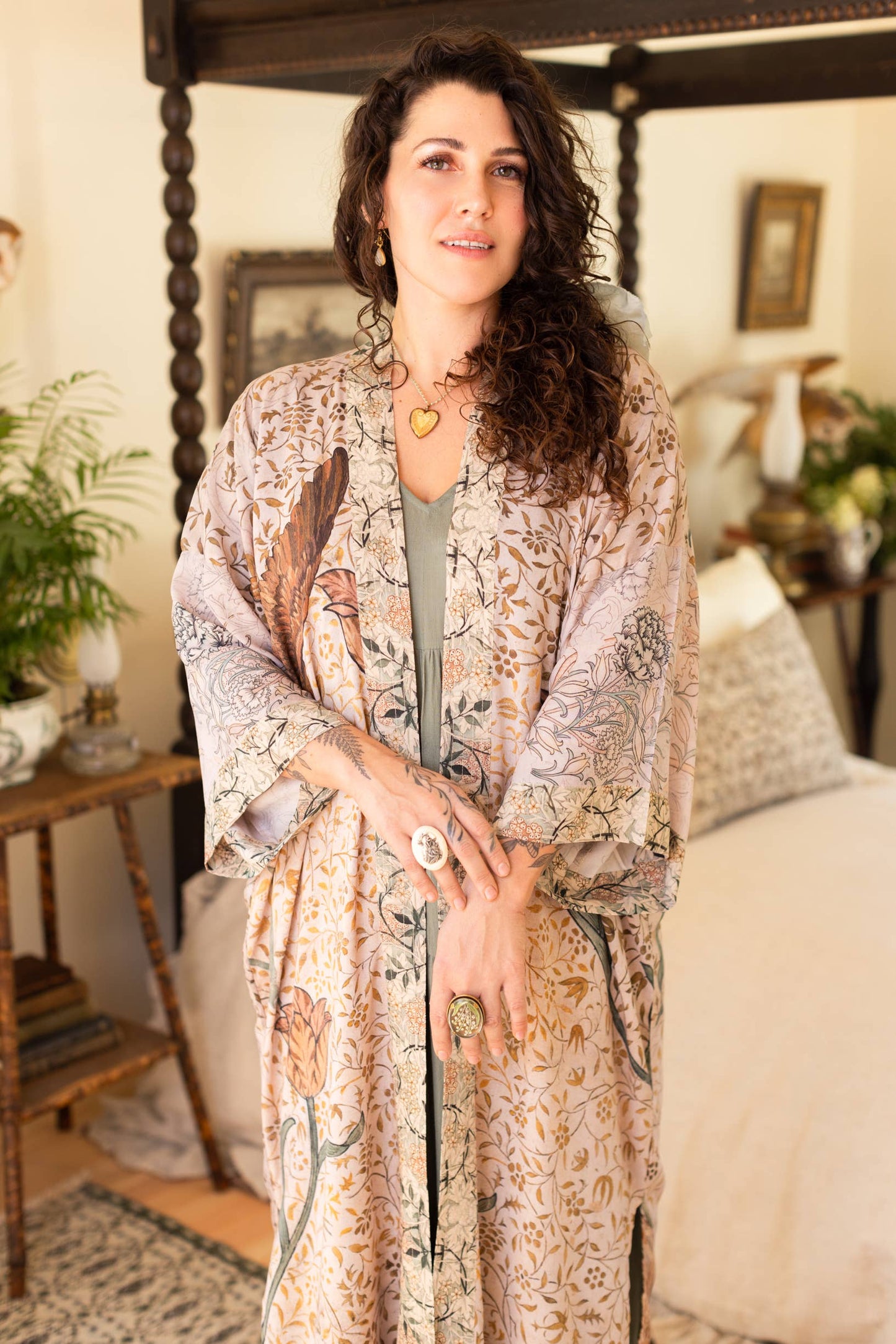 Folklore Opera Duster Bamboo Kimono Robe w/ Bird of Peace