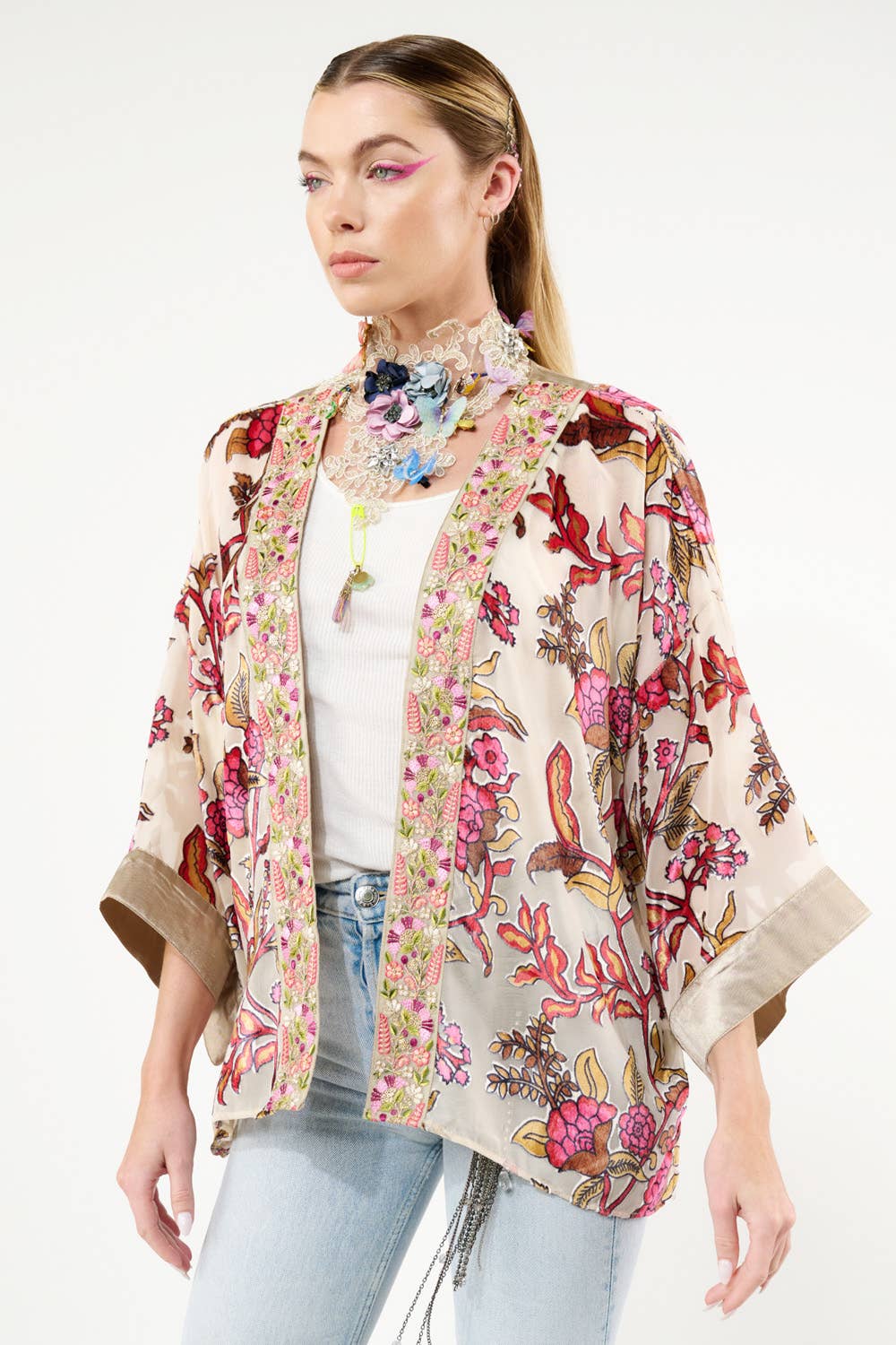 Holiday Jewels Burnout Velvet Kimono / Jacket : Ivory / One Size