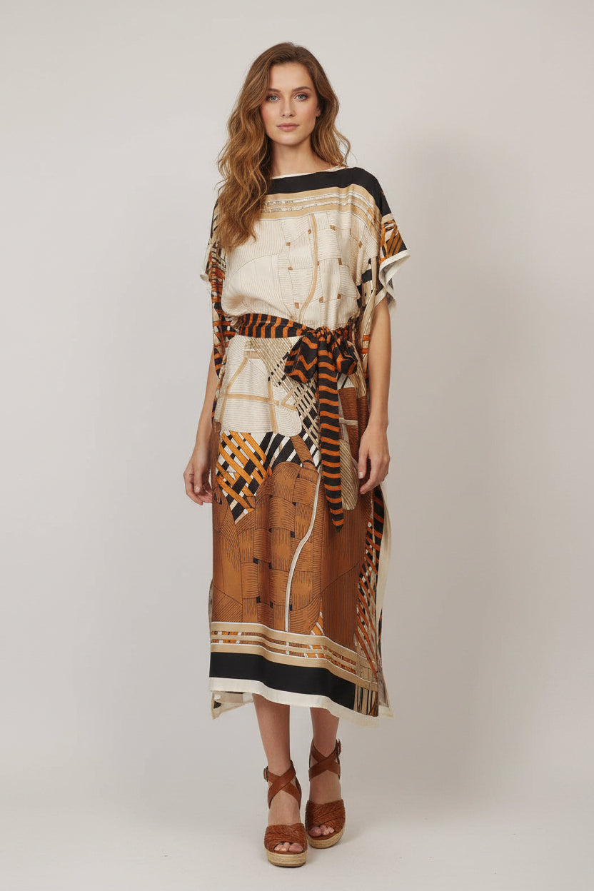 Print satin dress with belt: TAUPE/BLACK- One Size