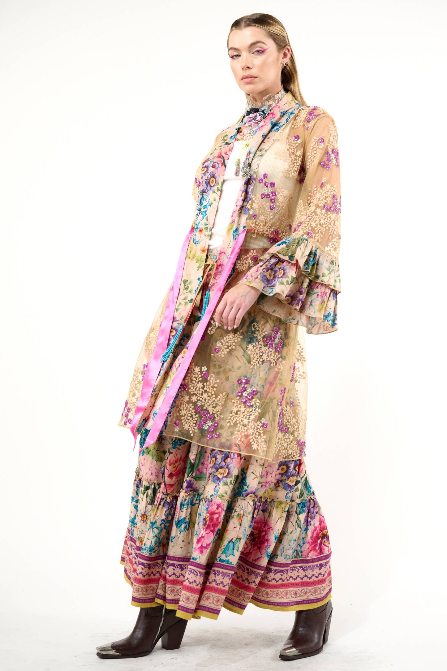 Miss September Embellished Mesh Kimono: Antique Floral - Size Medium