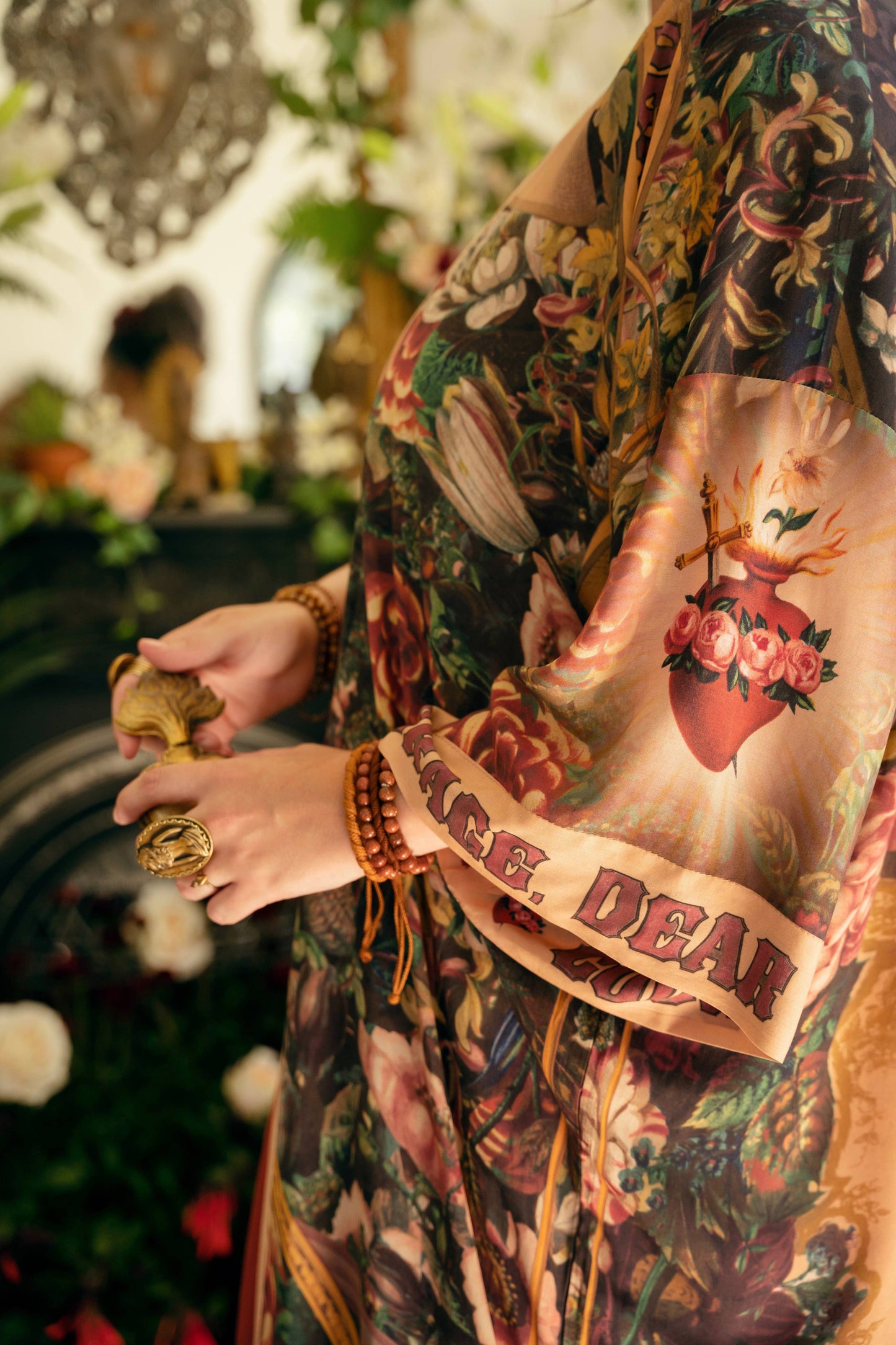 Courage Dear Heart Opera Duster Kimono Robe w/ Sacred Heart- One Size
