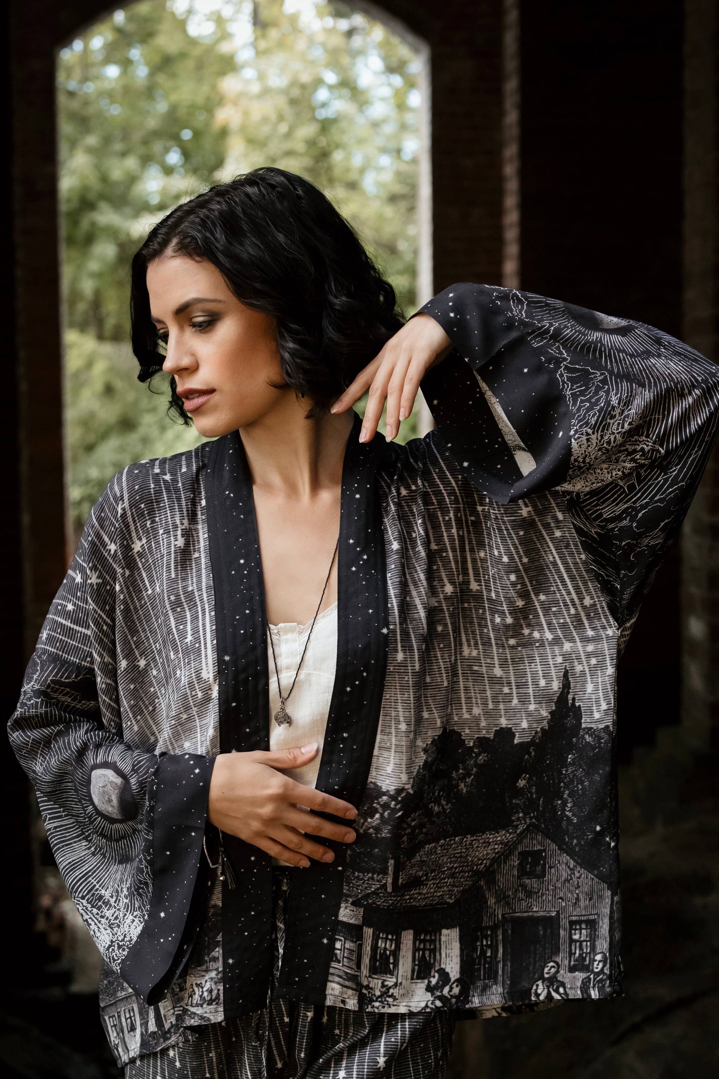 Stargazer Pixie Duster Bamboo Kimono w/ Falling Stars, Crop