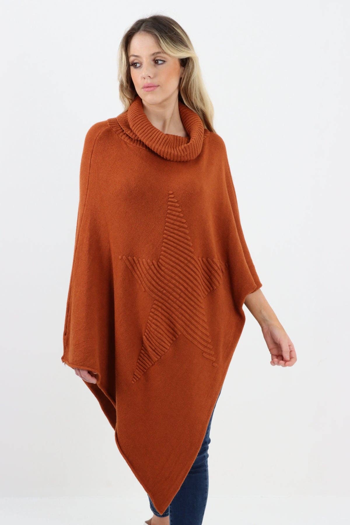 Italian Knitted Star Cowl Neck Poncho: Rust / One Size