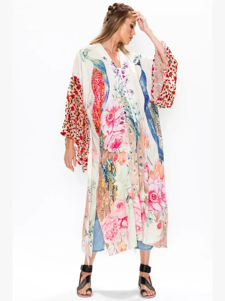 Fantasy Kimono/ Duster: Ivory Peacock Print / Size M