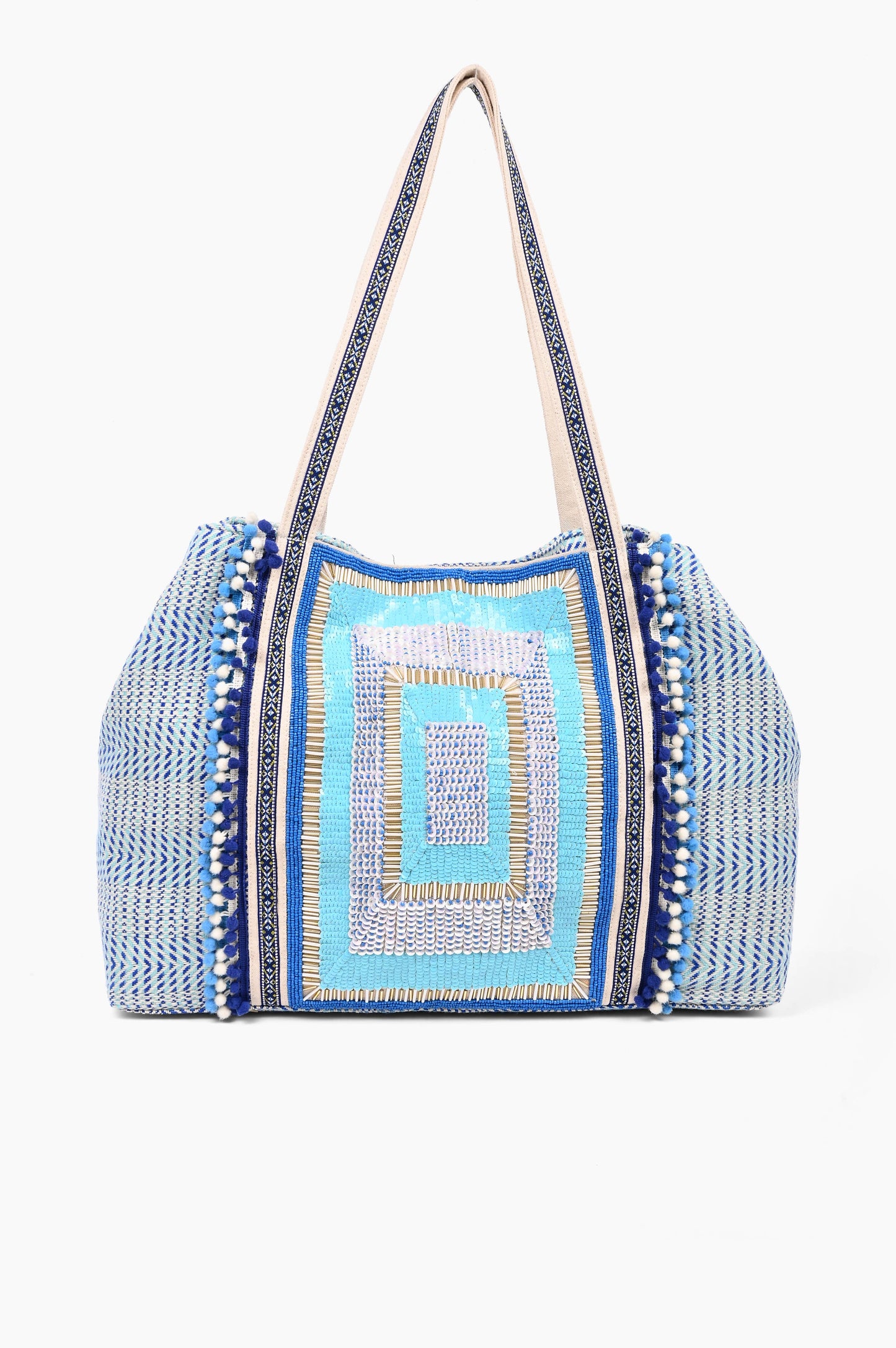 Blue Beaded Large Tote Bag