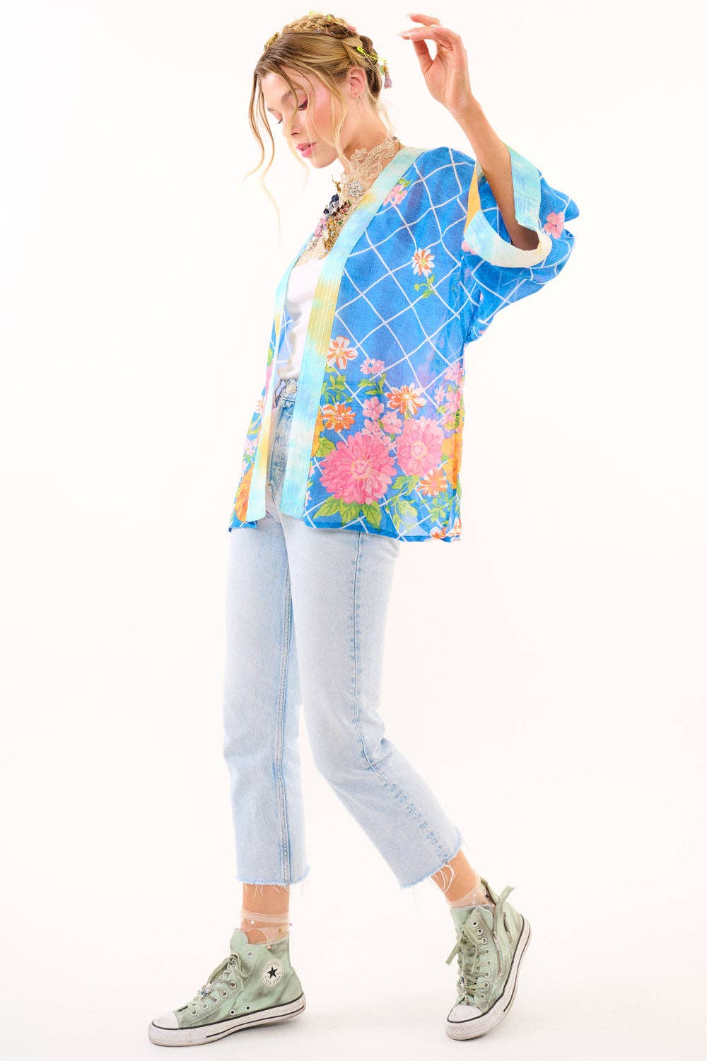 Borrocow Beauty Hand-Embellished Kimono: Vintage Blue Print / One Size