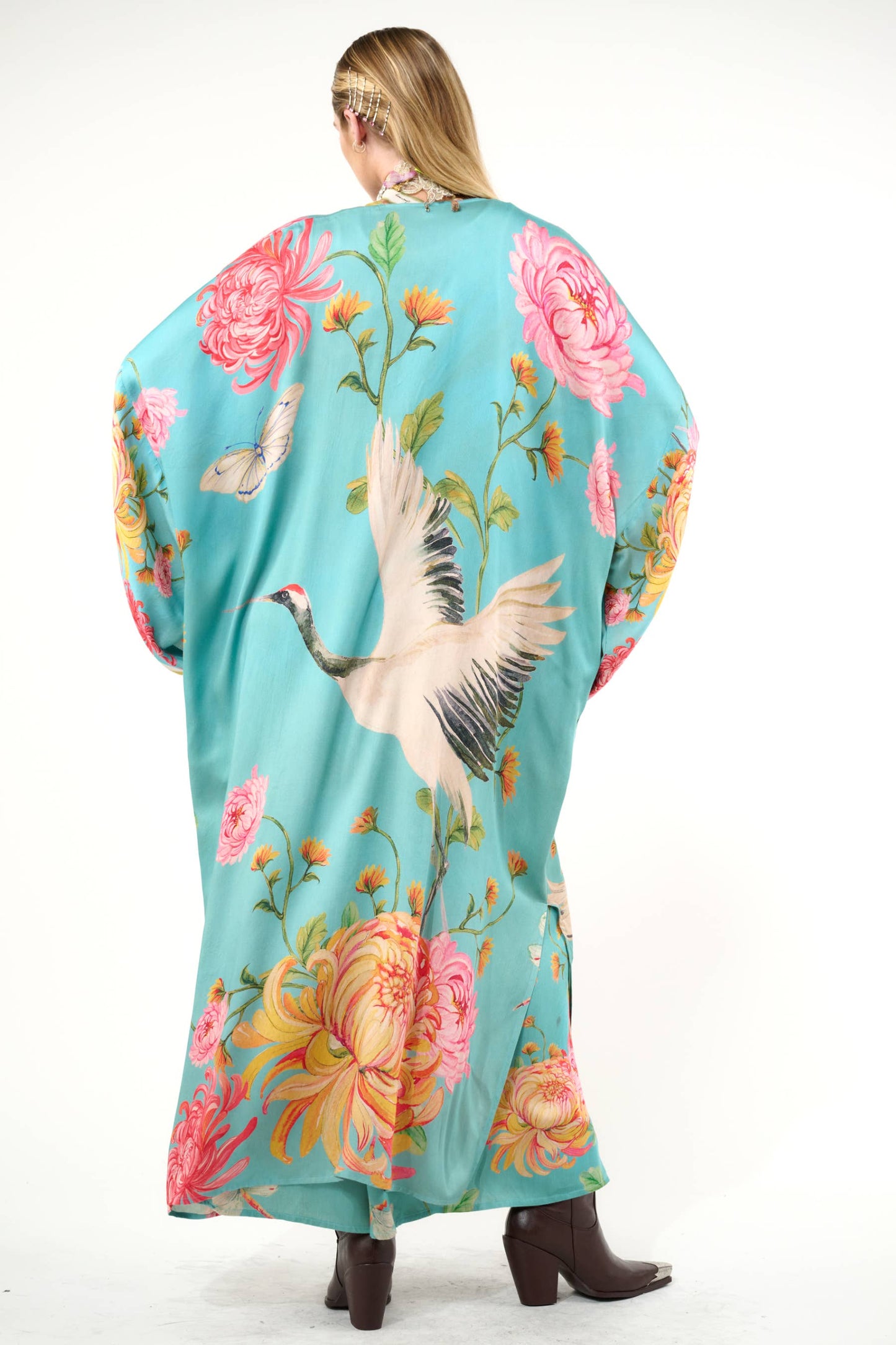 The Legend of the Crane Maxi Kimono / Topper : Vintage Emerald / One Size