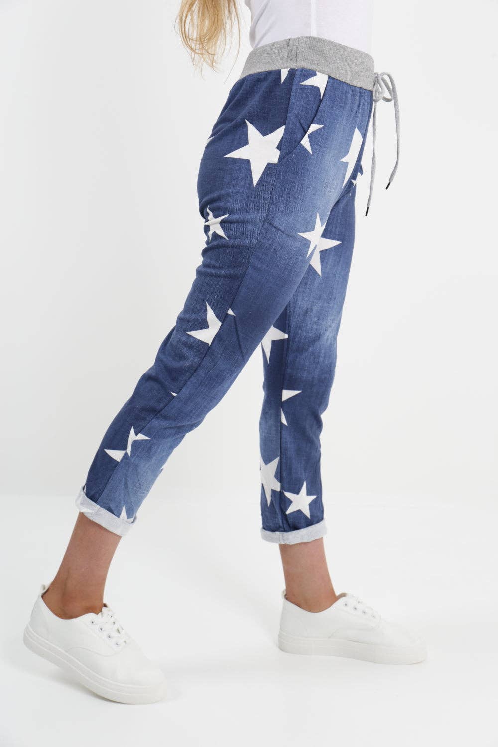 Italian Star Print Pockets Cotton Ladies Trouser: Dark Wash / One Size -16-18