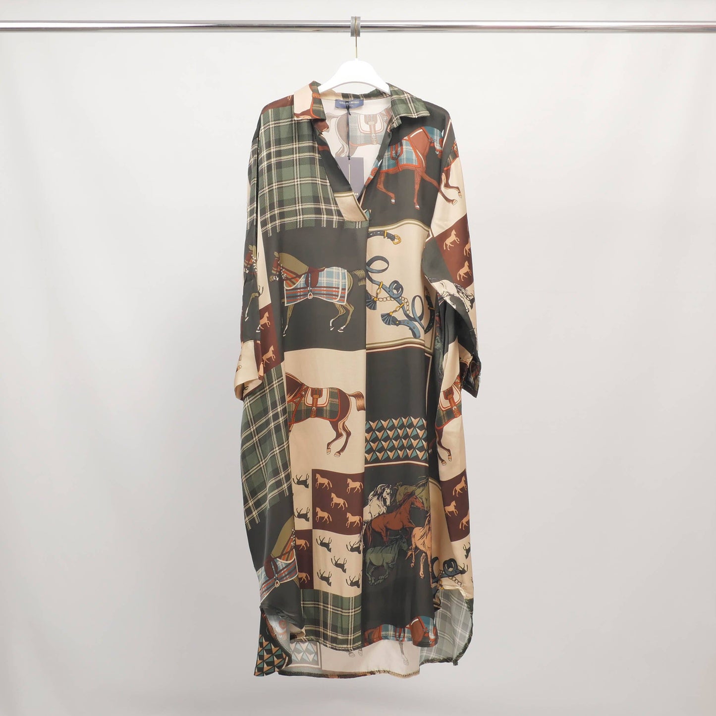 Equestrian print shirt dress in viscose and silk: KHAKI - one Size fits S to M