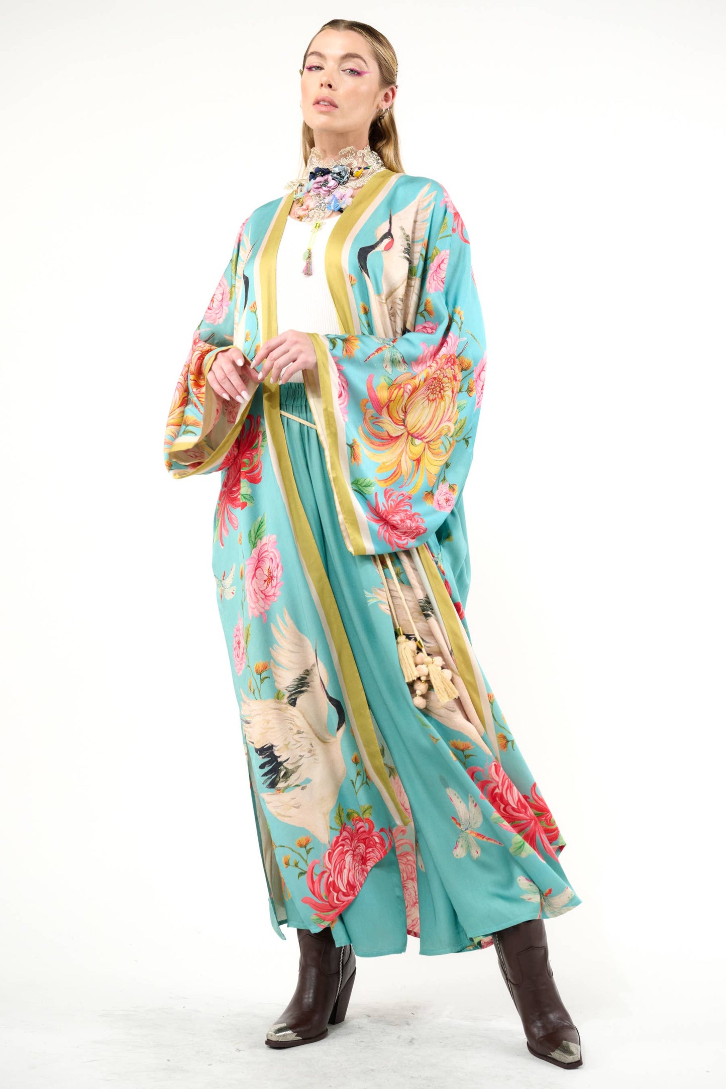 The Legend of the Crane Maxi Kimono / Topper : Vintage Emerald / One Size