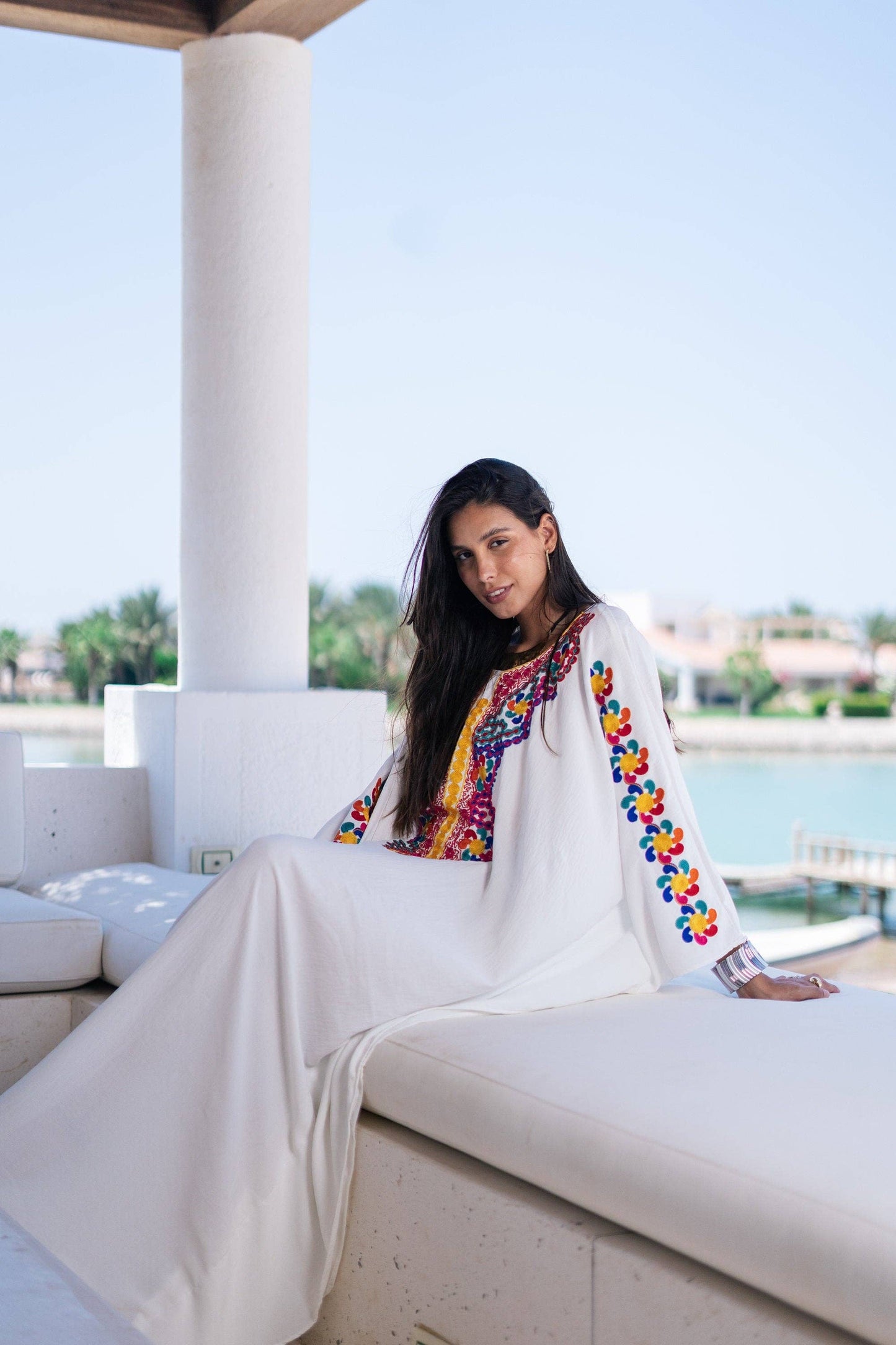 Boho White Embroidered Kaftan- One Size
