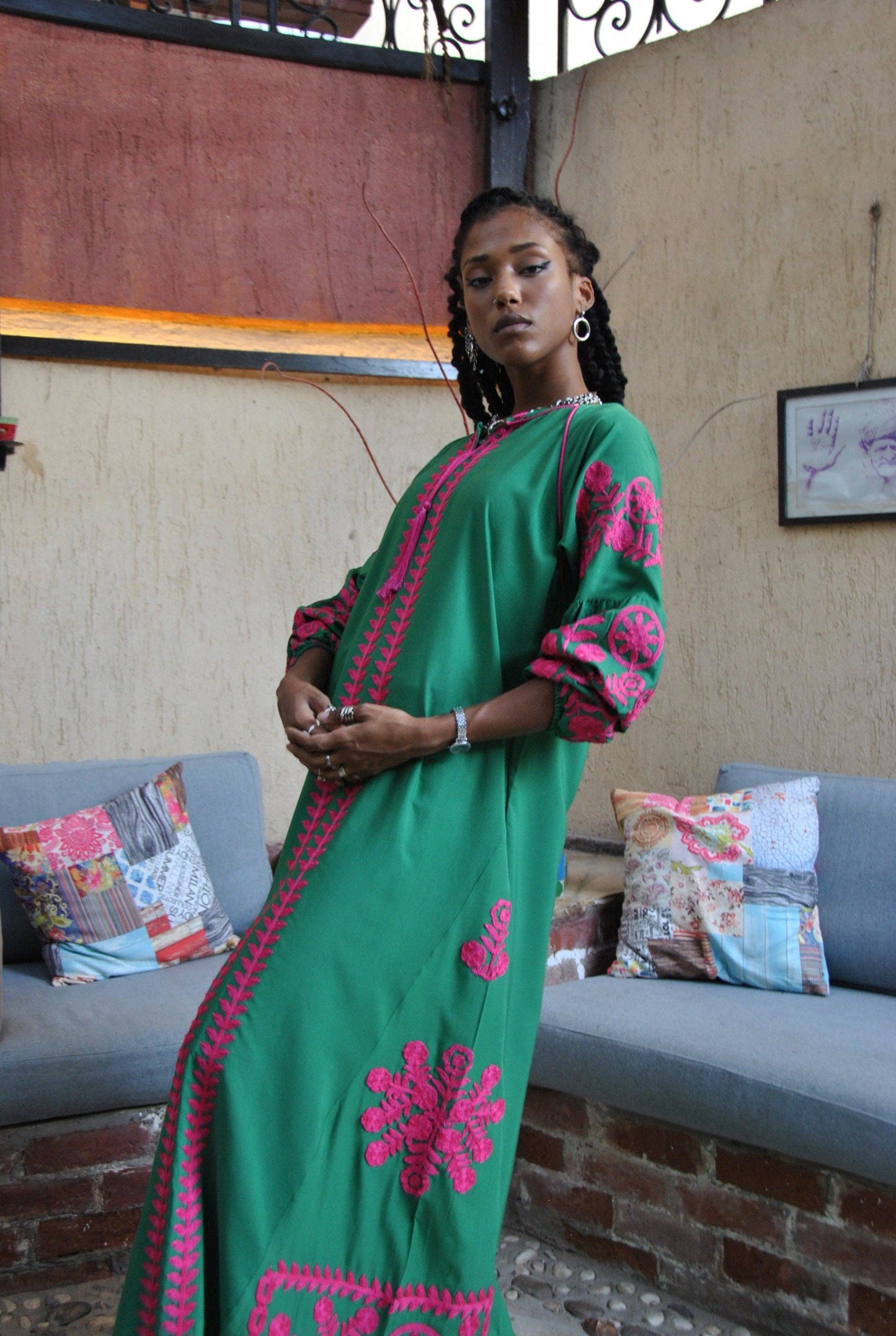 Boho green Caftan, Long sleeve Caftan dress, Colorful embroidered Caftan dress, Caftan maxi dress, Caftans for women,