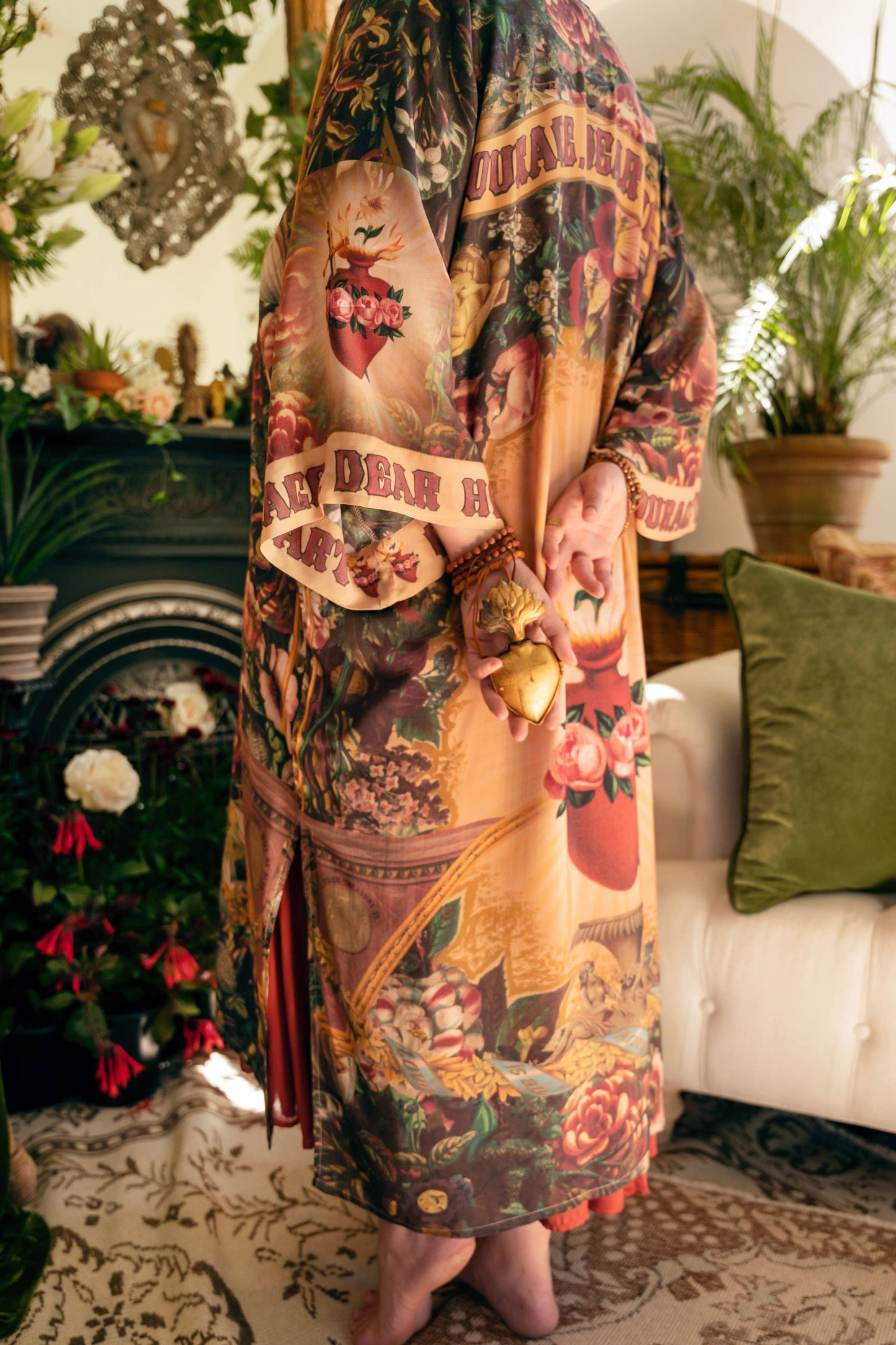 Courage Dear Heart Opera Duster Kimono Robe w/ Sacred Heart- One Size