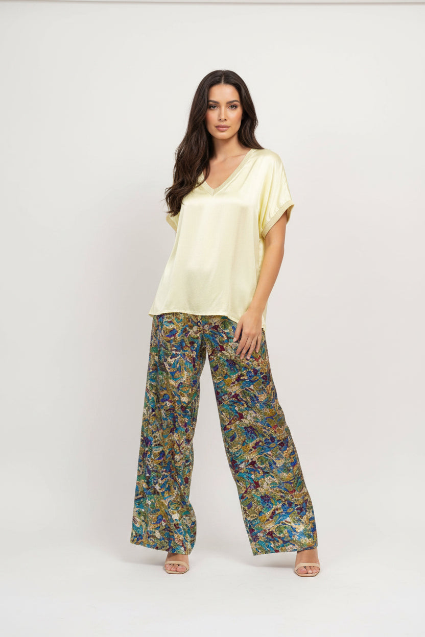 Satin V-neck tunic with shiny ribbed trim : Yellow