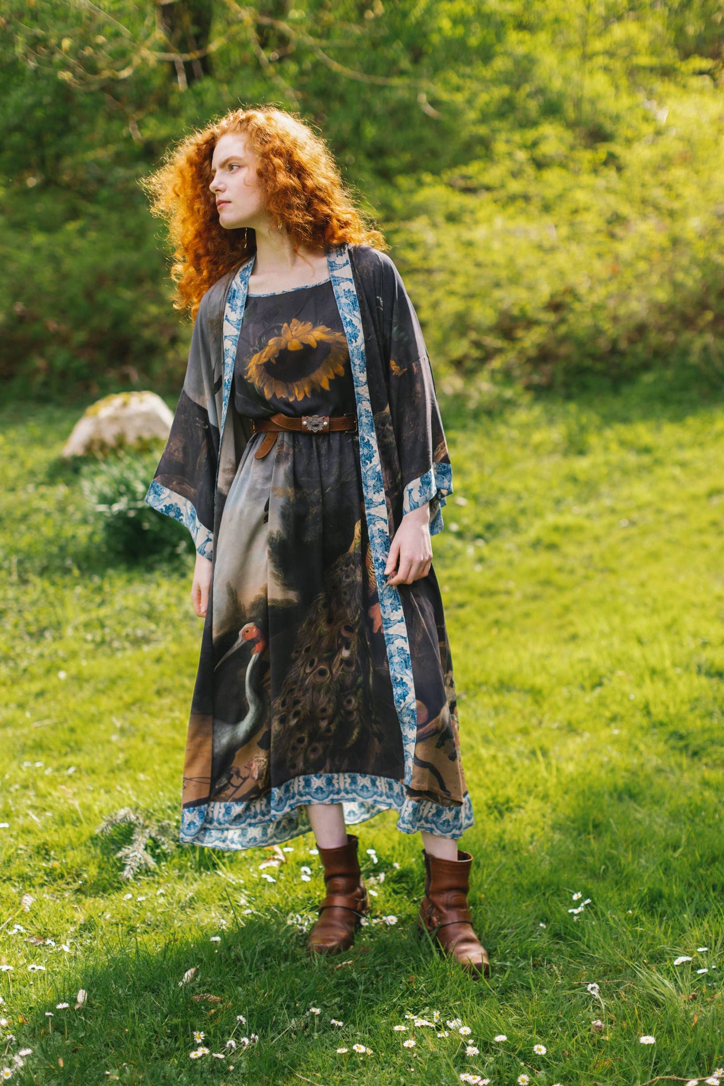 Wild Beauty Bamboo Kimono Duster Robe with Peacock Print- One Size