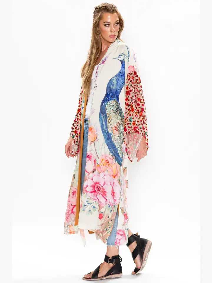Fantasy Kimono/ Duster: Ivory Peacock Print / Size M