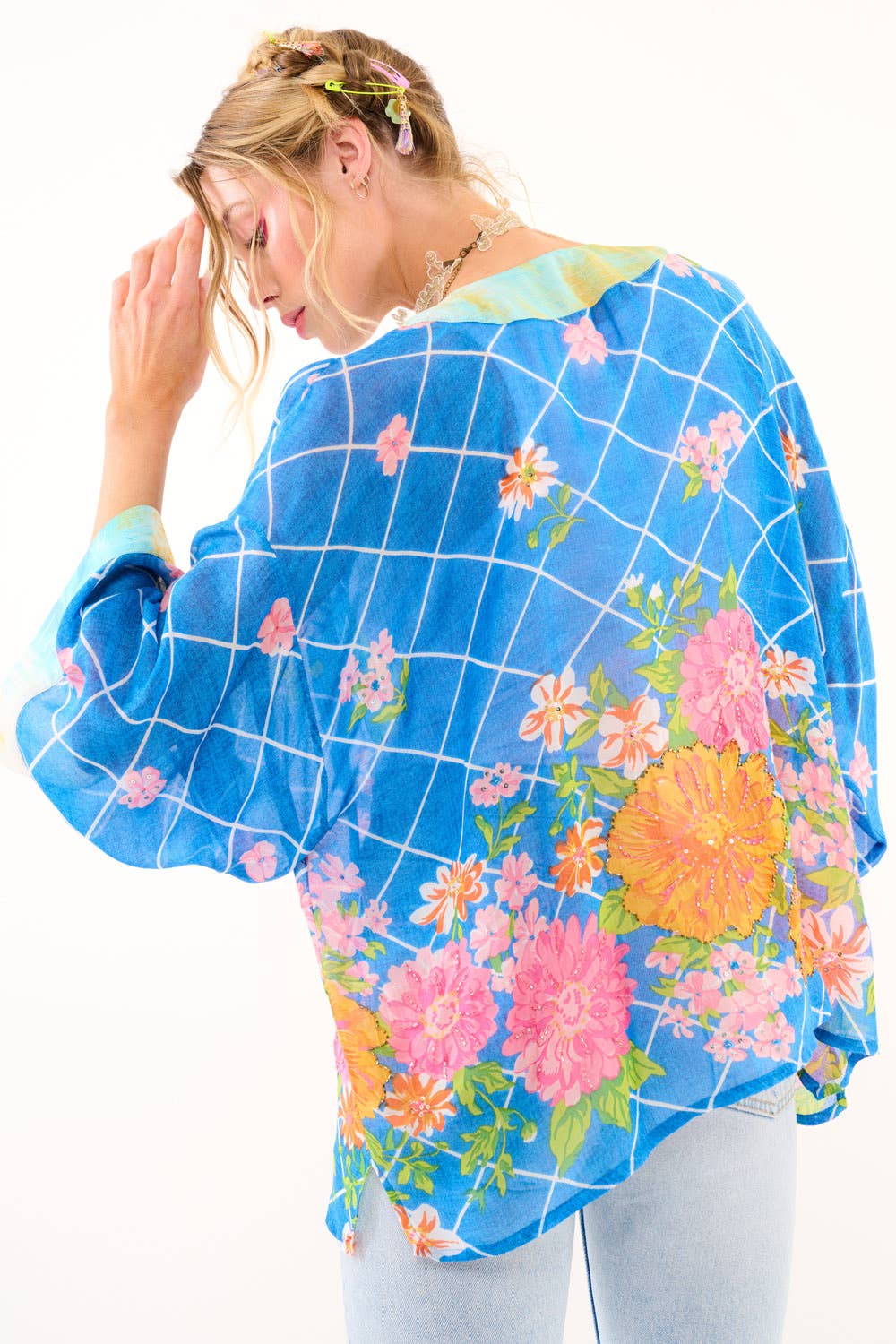 Borrocow Beauty Hand-Embellished Kimono: Vintage Blue Print / One Size