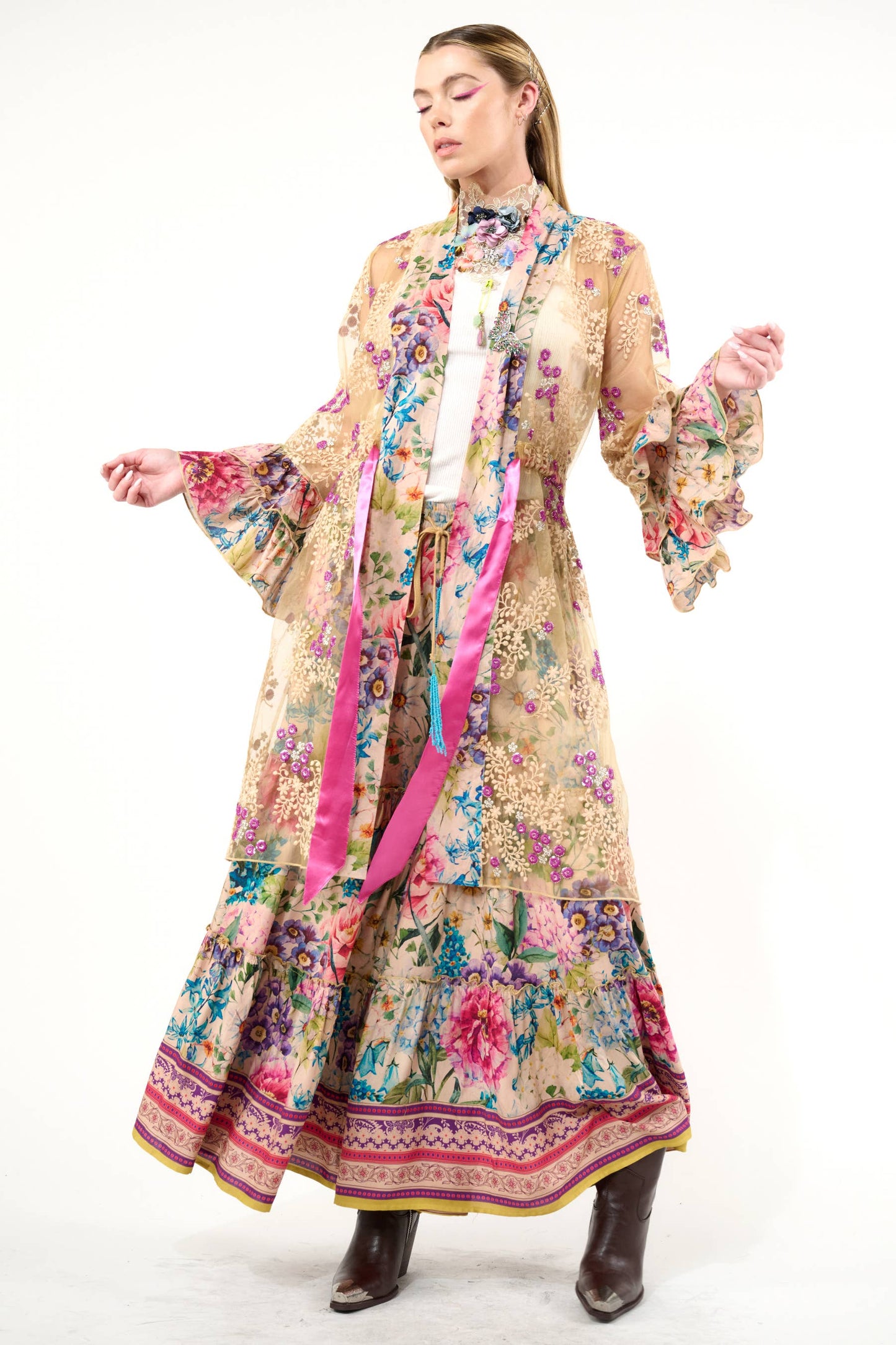 Miss September Embellished Mesh Kimono: Antique Floral - Size Medium