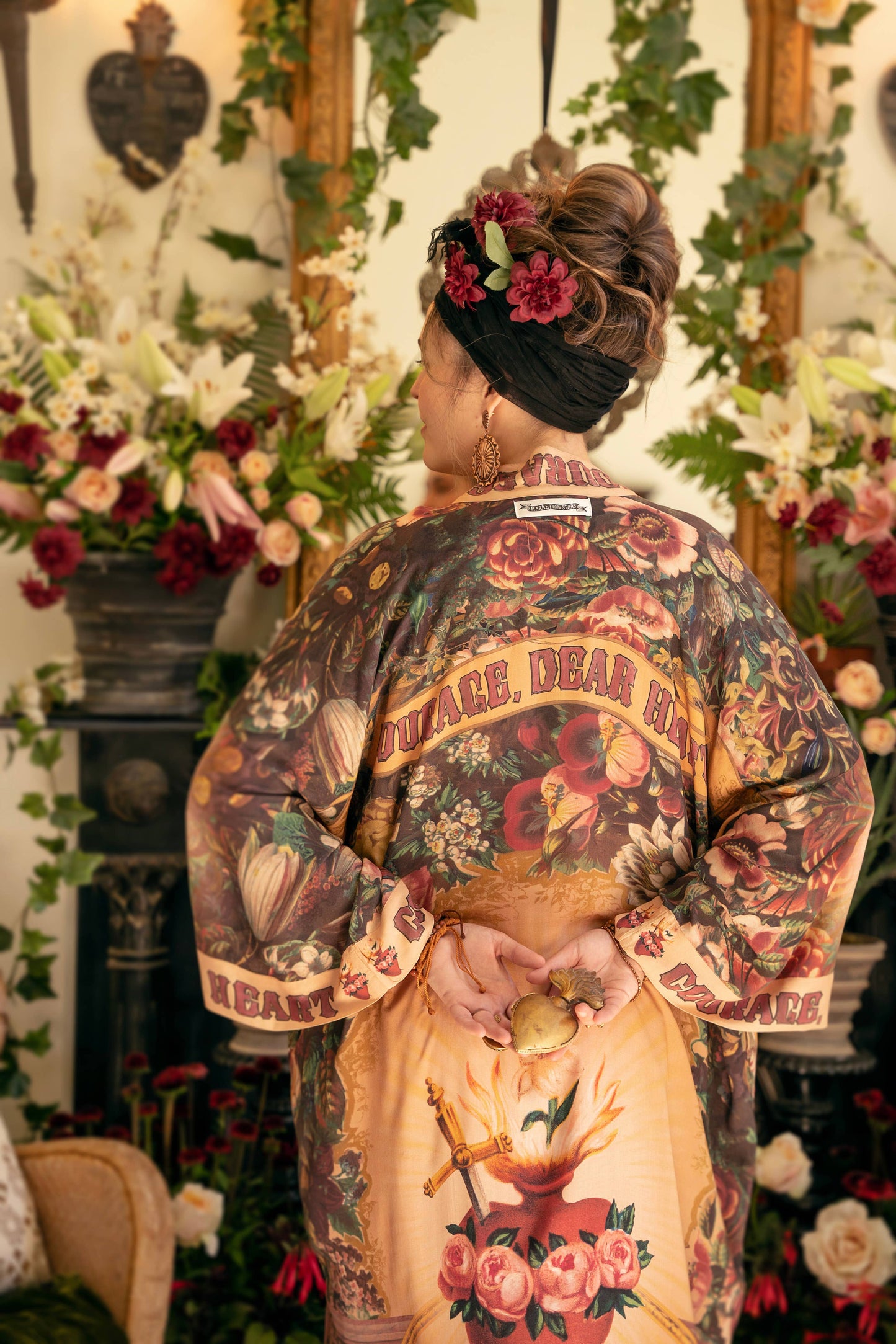 Courage Dear Heart Opera Duster Kimono Robe w/ Sacred Heart- One Size