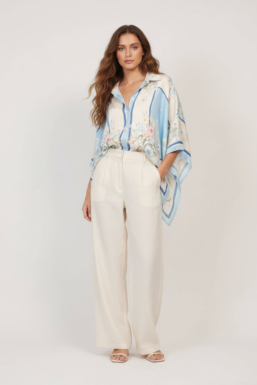 Satin floral-print shirt with wide sleeves -One Size