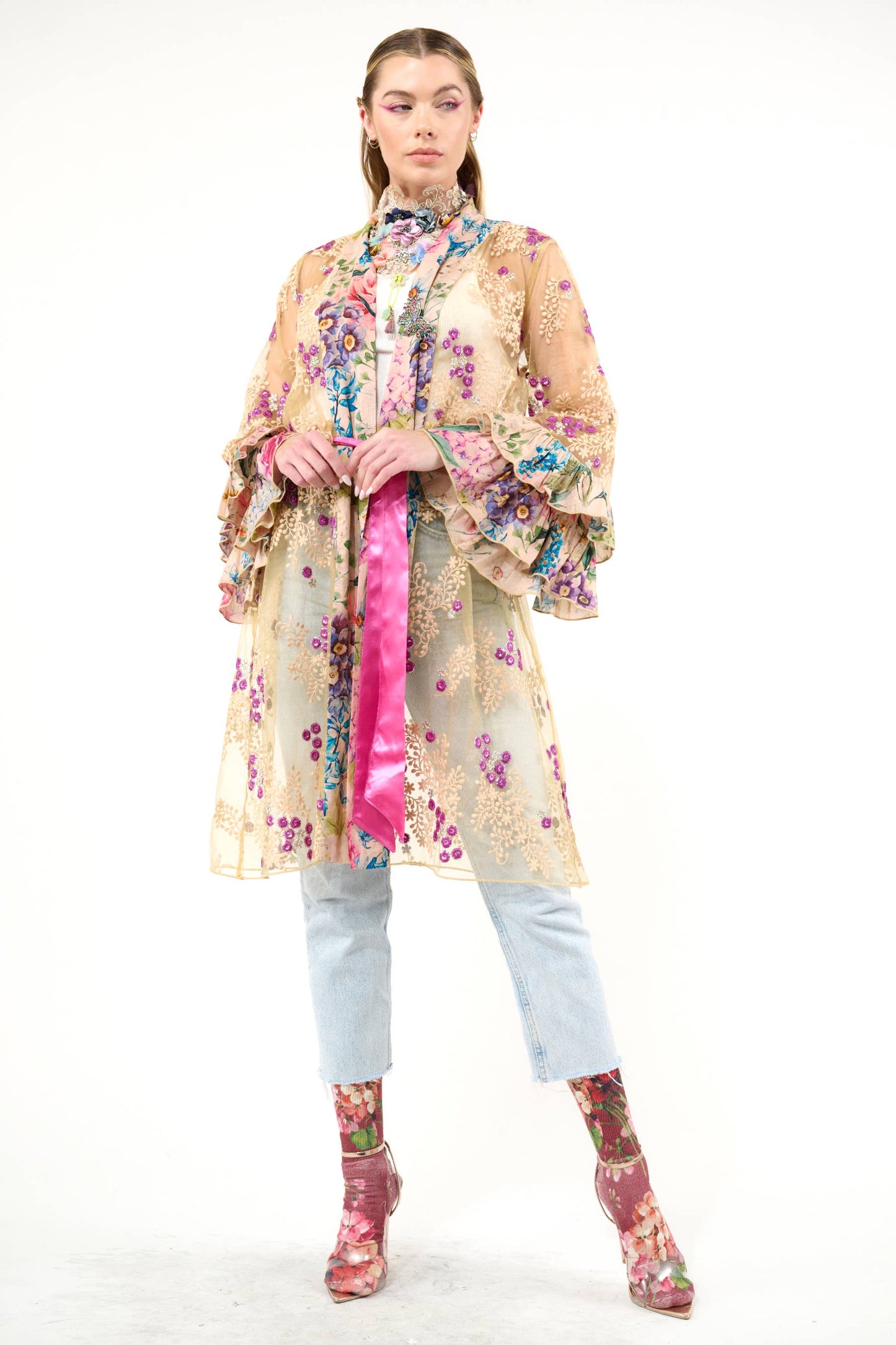 Miss September Embellished Mesh Kimono: Antique Floral - Size Medium