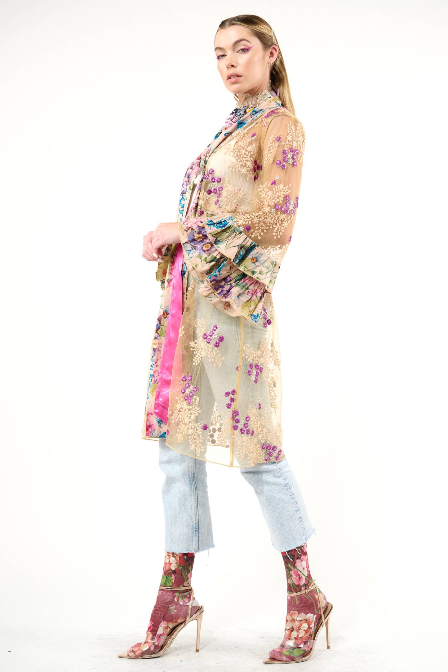 Miss September Embellished Mesh Kimono: Antique Floral - Size Medium