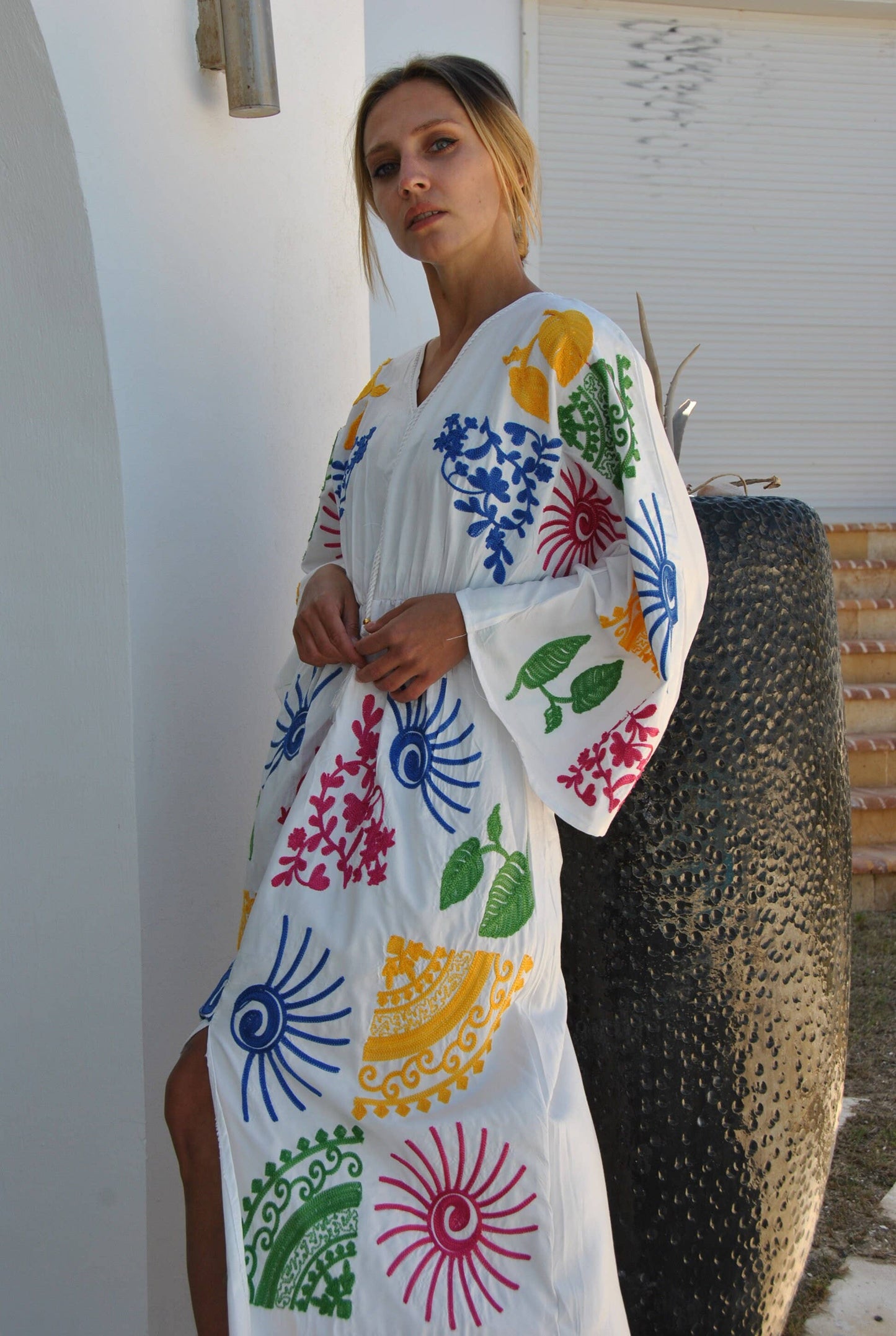 White Embroidered Ocean Caftan: One Size fits small to large