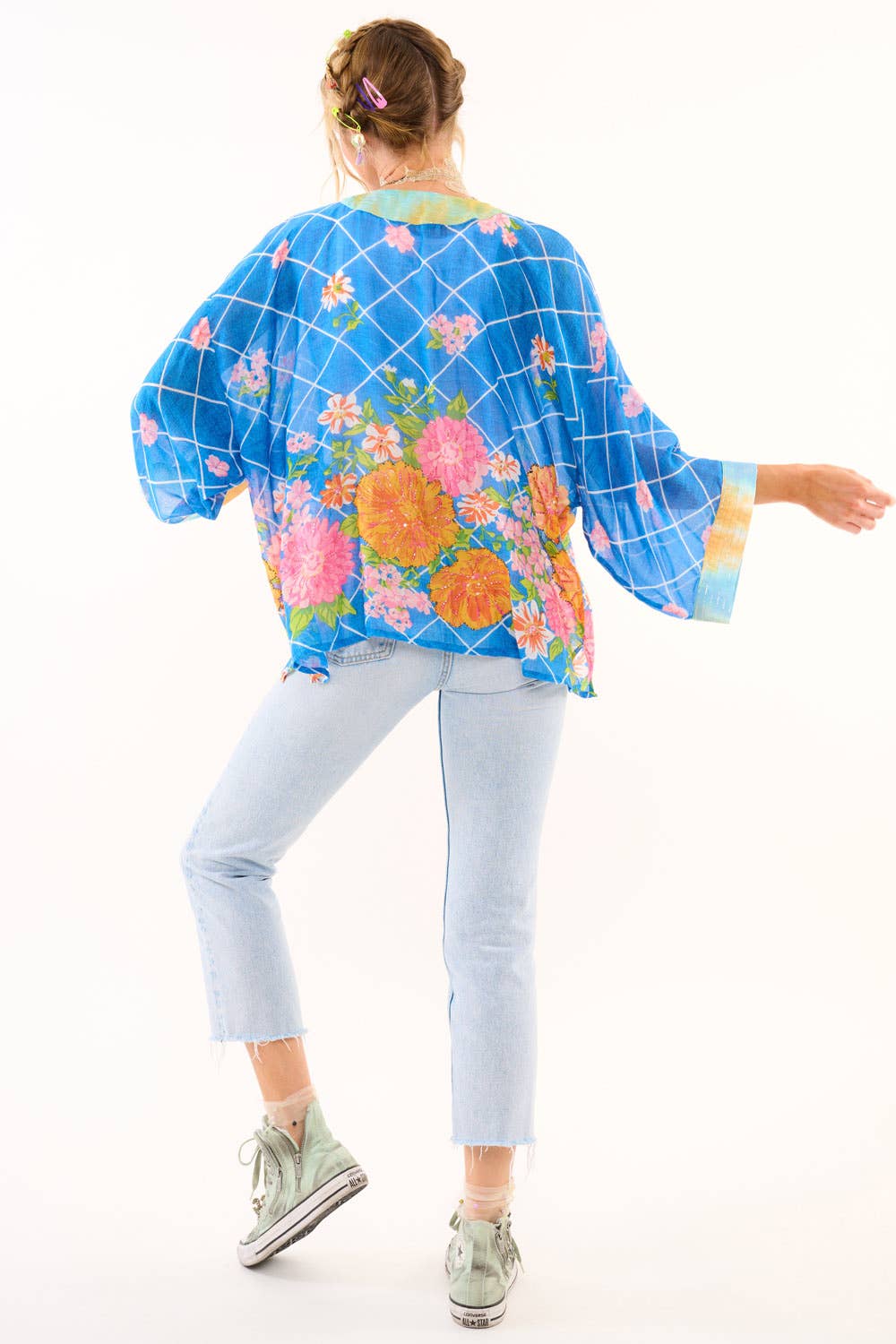 Borrocow Beauty Hand-Embellished Kimono: Vintage Blue Print / One Size