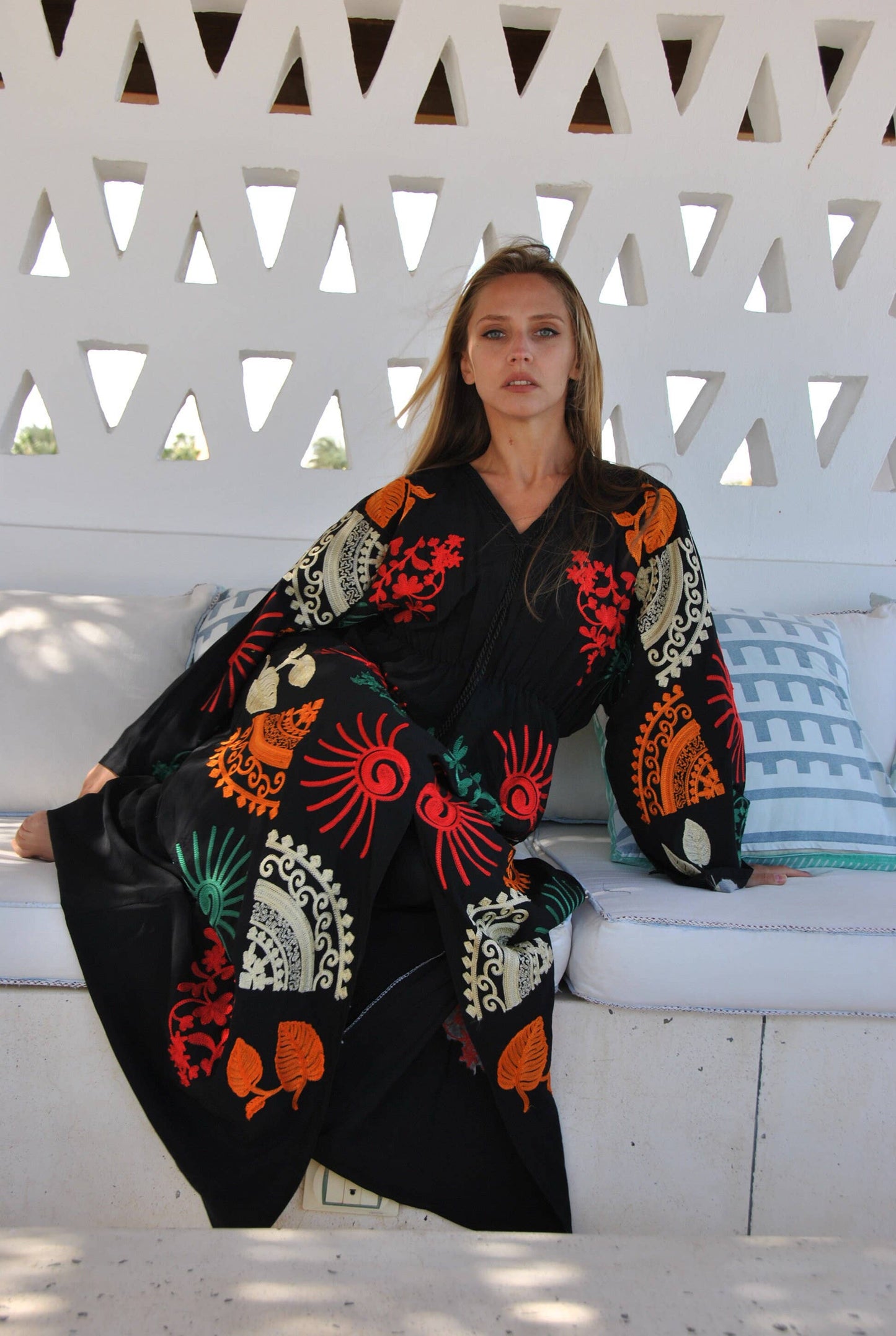 Colorful Embroidered Cotton Caftan Dress: One size (small to large)
